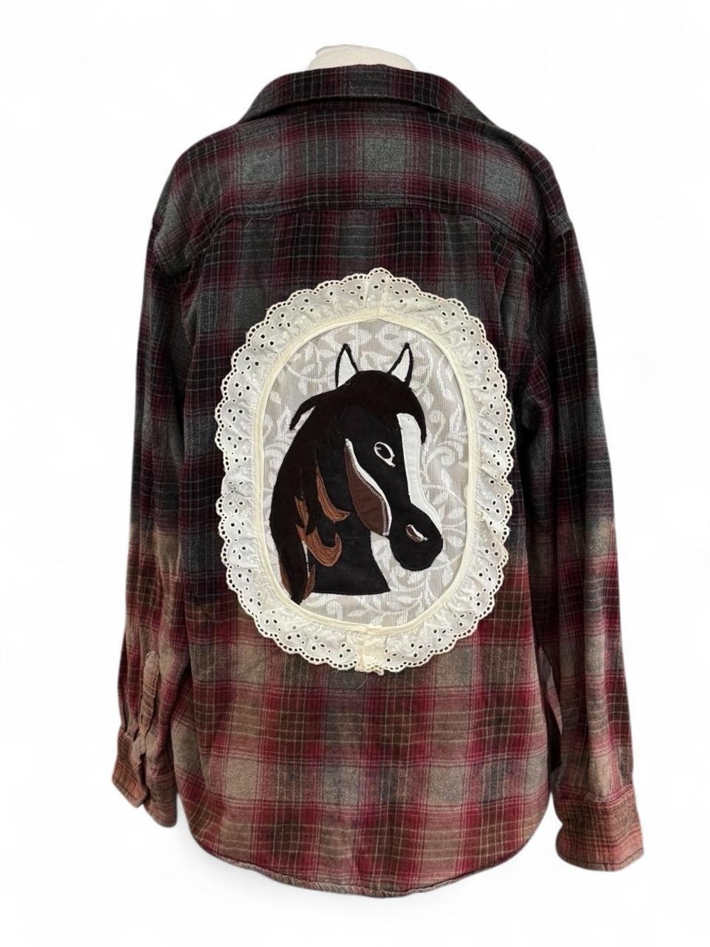 Upcycled Plaid Flannel. Oversized Western Horse Bleached Shabby Chic Lace Large
